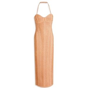 Herve Leger Metallic Bustier Midi Dress w/ Crystal Embellishment |Rose gold